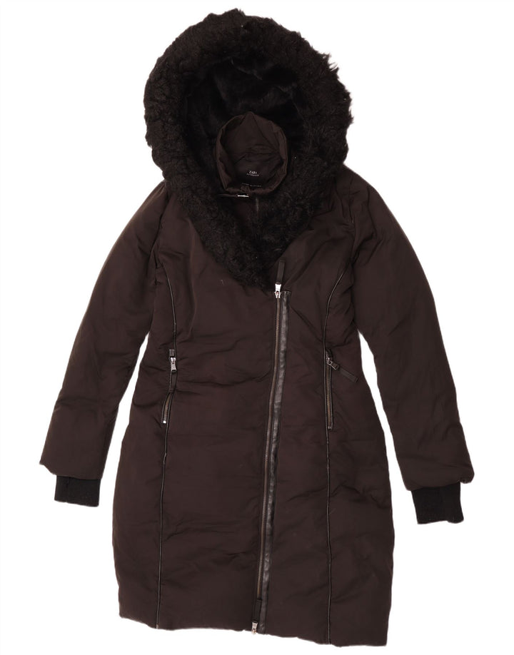 Zara Mujer Abrigo Acolchado Con Capucha UK 40 Small Poliéster Negro