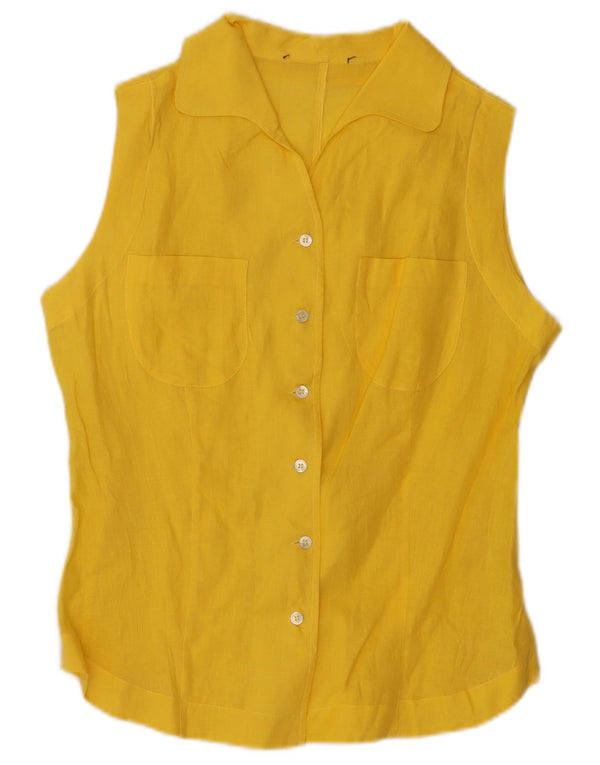 VINTAGE Blusa camisa sin mangas para mujer Reino Unido 14 Lino amarillo medio