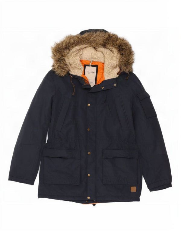 Jack & Jones Mens Hooded Parka Jacket UK 42 XL Navy Blue Cotton