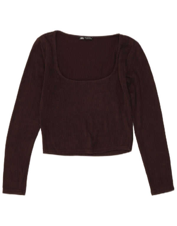 Zara Mujer Crop Top Manga Larga UK 42 Marrón Medio Poliéster