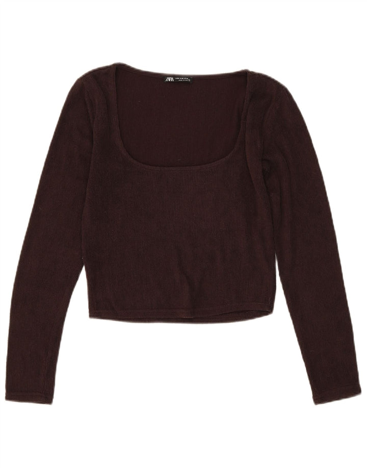Zara Mujer Crop Top Manga Larga UK 42 Marrón Medio Poliéster