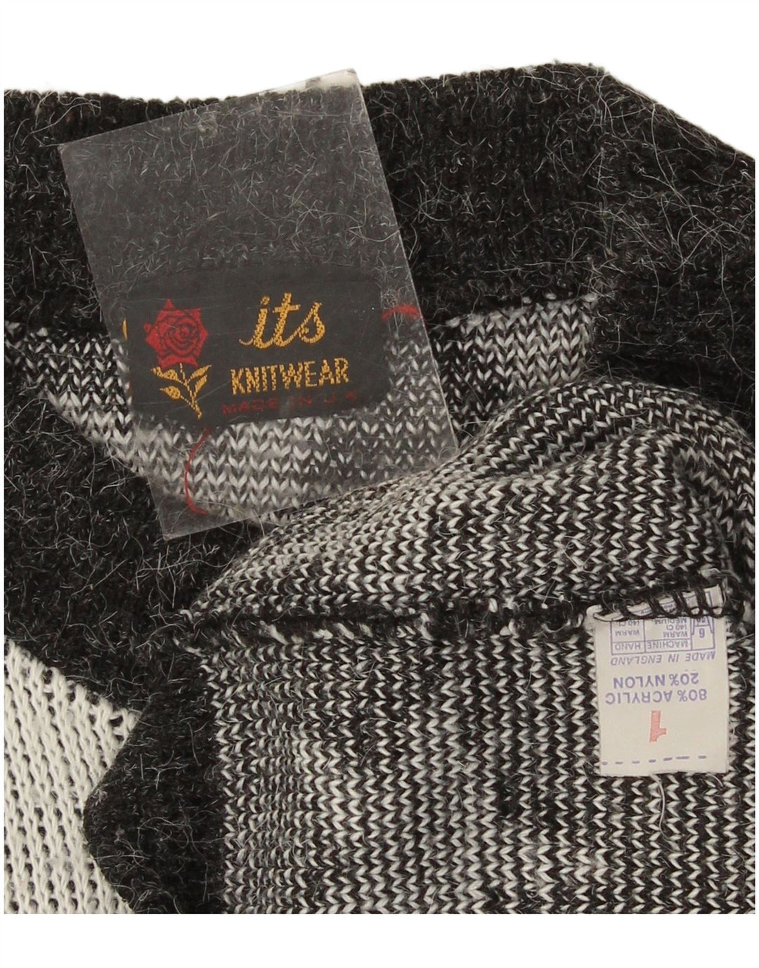 Vintage mujeres patrón abstracto cuello redondo jersey suéter Reino Unido 14 grande negro