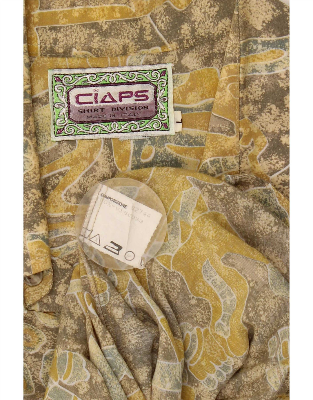 Vintage hombres patrón abstracto camisa grande viscosa amarilla