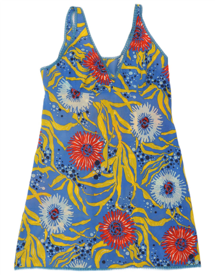VINTAGE Mujer Patrón Abstracto Slip Vestido Reino Unido 12 Azul Medio