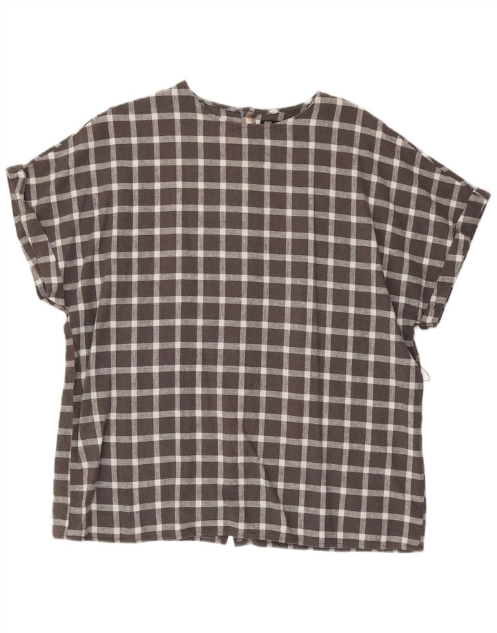 Zara Blusa camisera extragrande de manga corta para mujer UK 44 Medium Grey Check