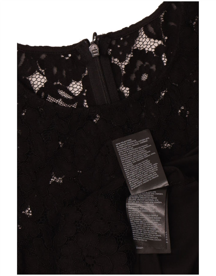 Vintage mujer manga larga cambio vestido Reino Unido 12 poliéster floral negro medio