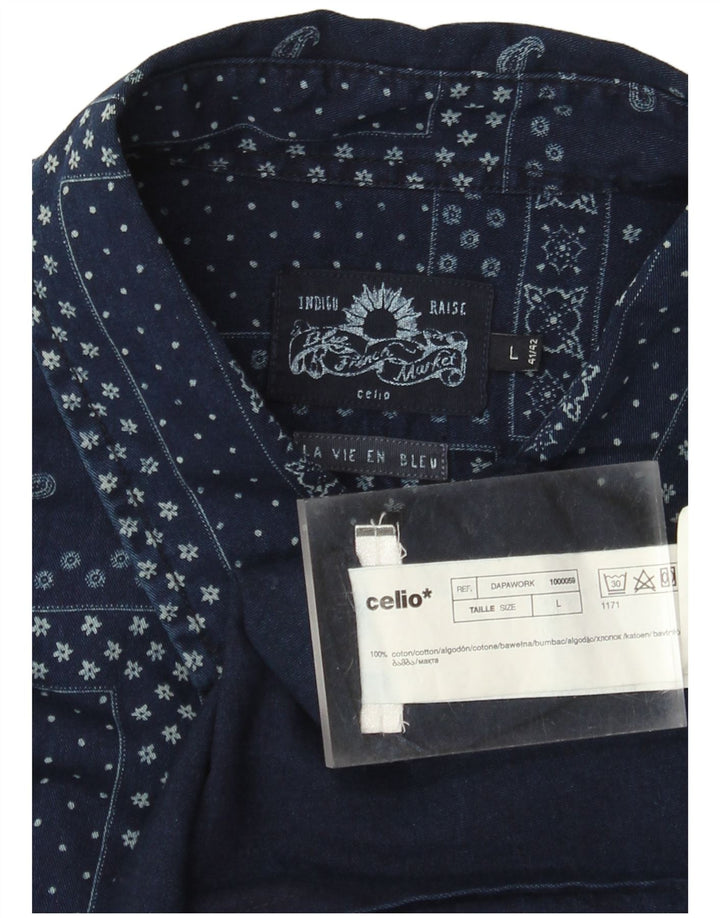 Celio Hombres Indigo Camisa De Manga Corta Grande Azul Marino Patchwork Algodón