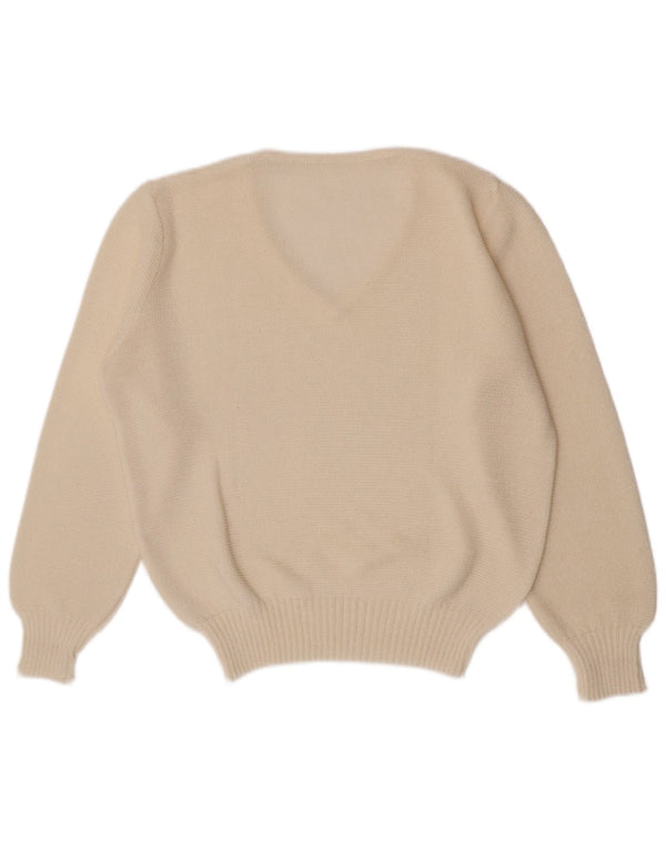 Vintage mujeres regular fit V-cuello jumper suéter Reino Unido 10 pequeño acrílico blanco