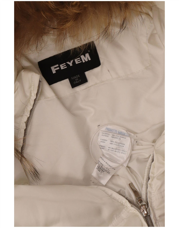 Vintage mujer chaqueta acolchada con capucha Reino Unido 14 nylon blanco medio