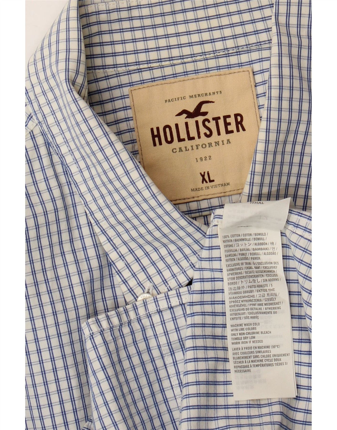 HOLLISTER Camisa Hombre XL Azul Cuadros Algodón