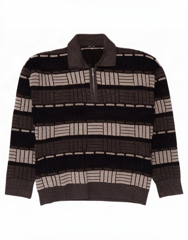 Vintage hombres polo cuello jersey suéter medio gris geométrico