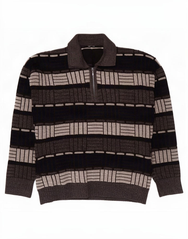 Vintage hombres polo cuello jersey suéter medio gris geométrico