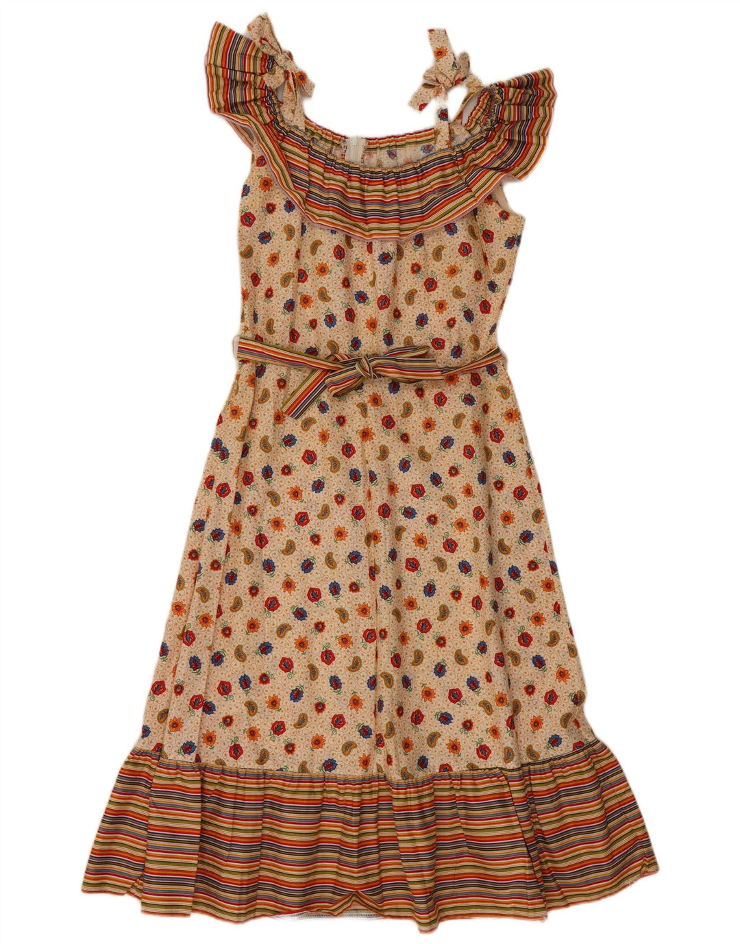 VINTAGE Mujer Sin Mangas Una Línea Vestido EU 36 Pequeño Beige Paisley Algodón