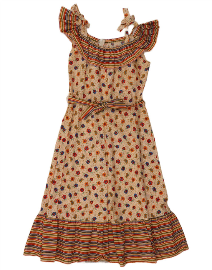 VINTAGE Mujer Sin Mangas Una Línea Vestido EU 36 Pequeño Beige Paisley Algodón