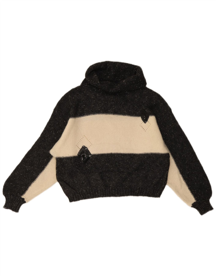 Vintage mujer rollo cuello jersey suéter Reino Unido 14 medio negro colorblock lana