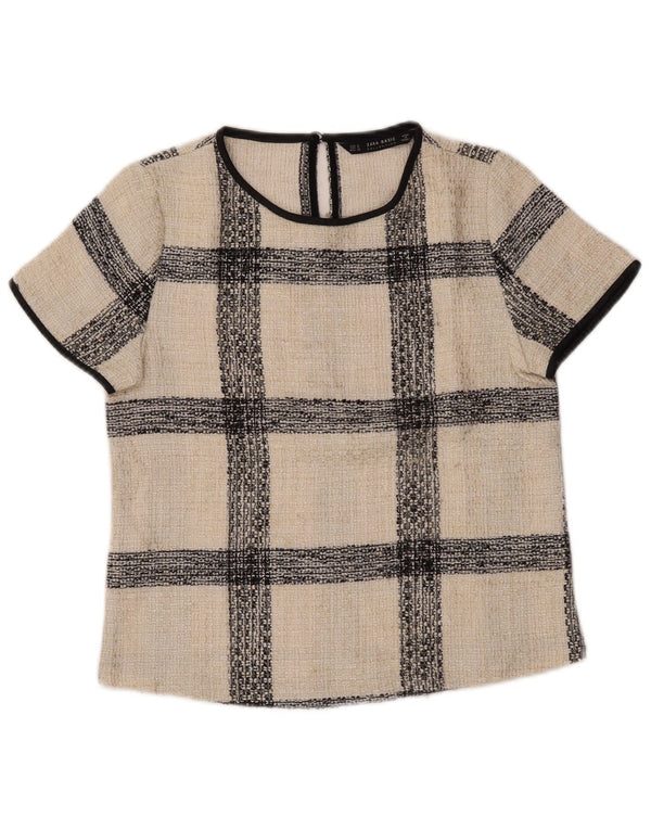 Zara Mujer Blusa Top UK 10 Small Off White Check Acrílico