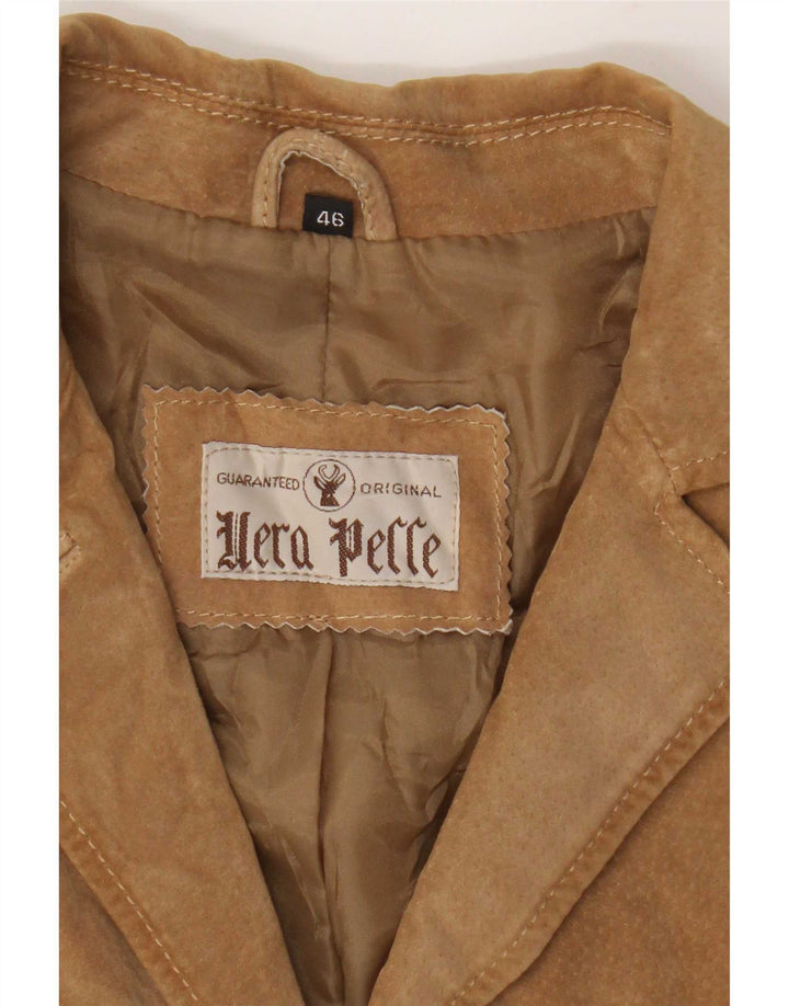 Vintage mujer 3 botones ante Blazer chaqueta IT 46 cuero beige grande