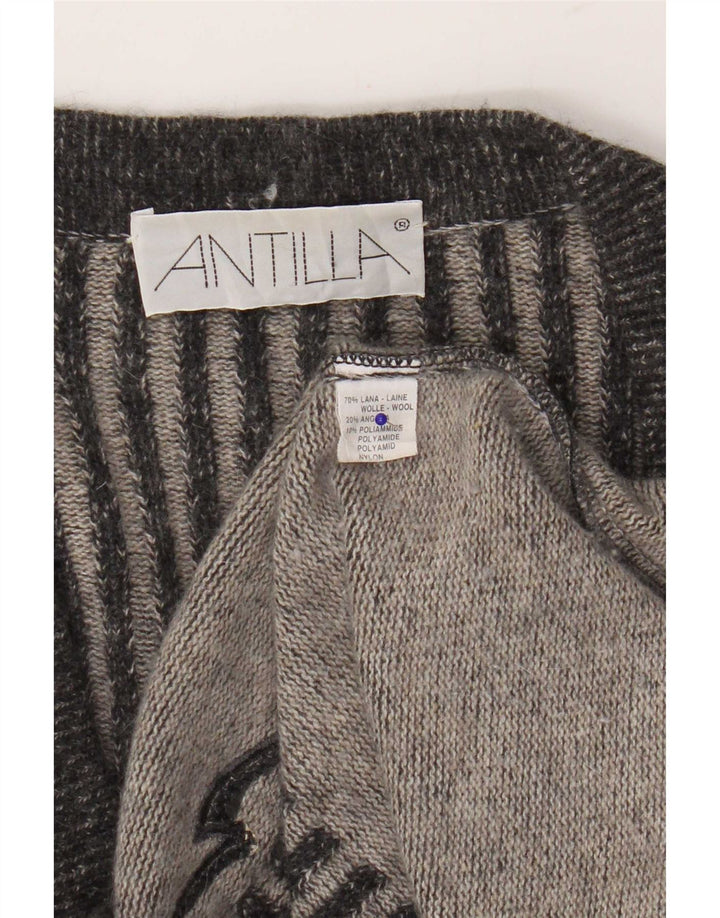 Vintage mujer longline cardigan suéter Reino Unido 14 lana de rayas gris medio