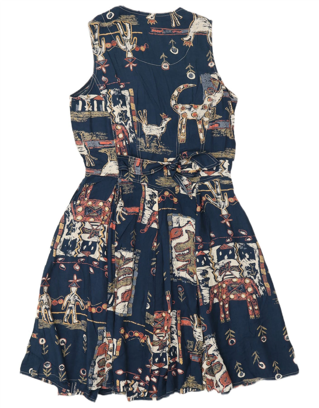 Vintage mujer patrón abstracto A-Line vestido Reino Unido 12 azul marino medio