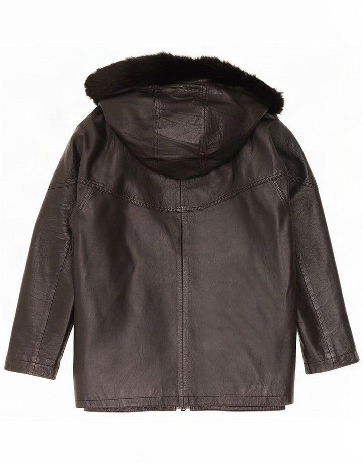 Chaqueta de cuero extragrande con capucha vintage para mujer IT 44 Medium Black