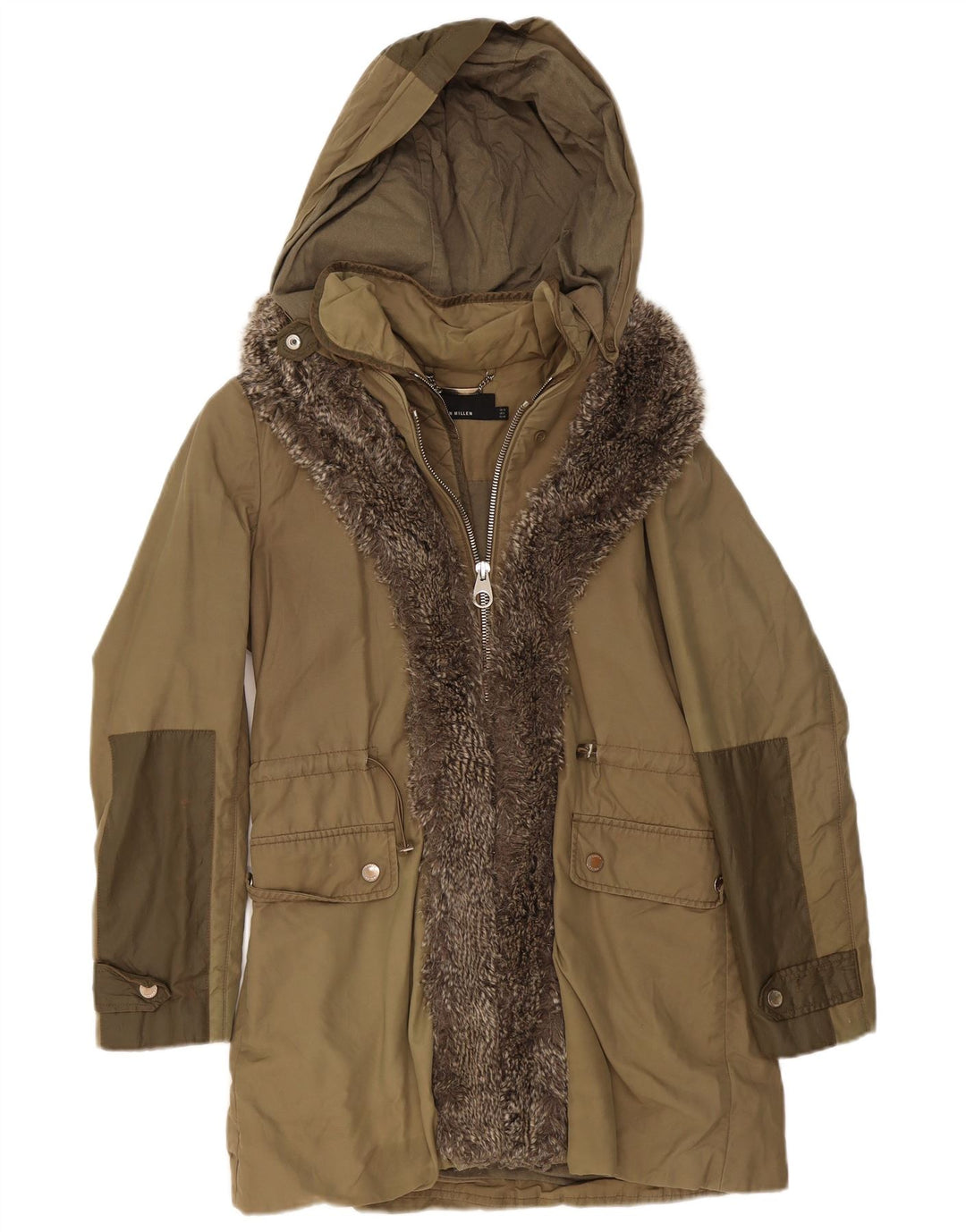 Karen Millen Chaqueta Parka con Capucha para Mujer UK 12 Poliéster Caqui Mediano