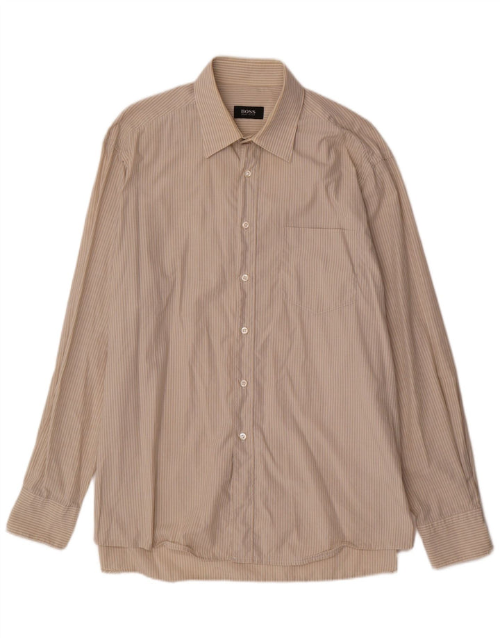 Camisa HUGO BOSS Hombre Talla 43 17 XL Algodón Rayas Beige