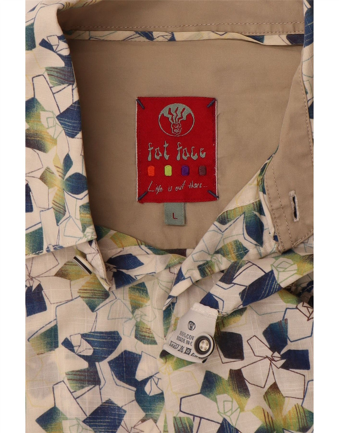 FAT FACE Camisa de manga corta para hombre de algodón geométrico blanco roto grande