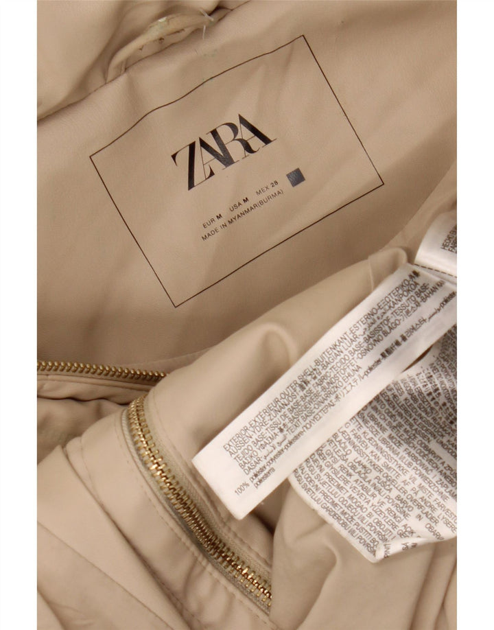 ZARA Mujer Abrigo Acolchado Sin Mangas Con Capucha ES 44 Poliéster Beige Medio