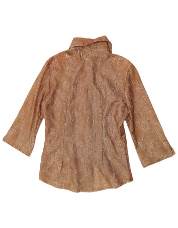 Vintage mujer patrón abstracto 3/4 manga camisa blusa Reino Unido 10 pequeño marrón