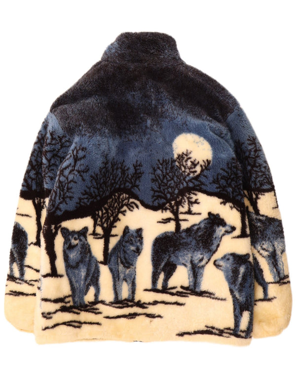 Vintage hombres lobo gráfico chaqueta de vellón Reino Unido 38 azul medio estampado animal