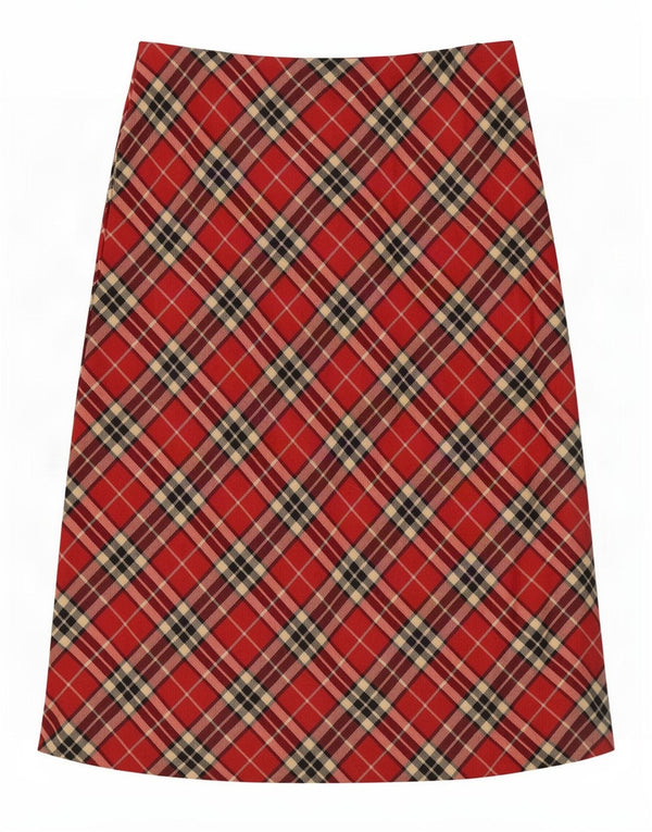 Falda midi vintage para mujer IT 46 Grande W32 Lana virgen a cuadros rojos