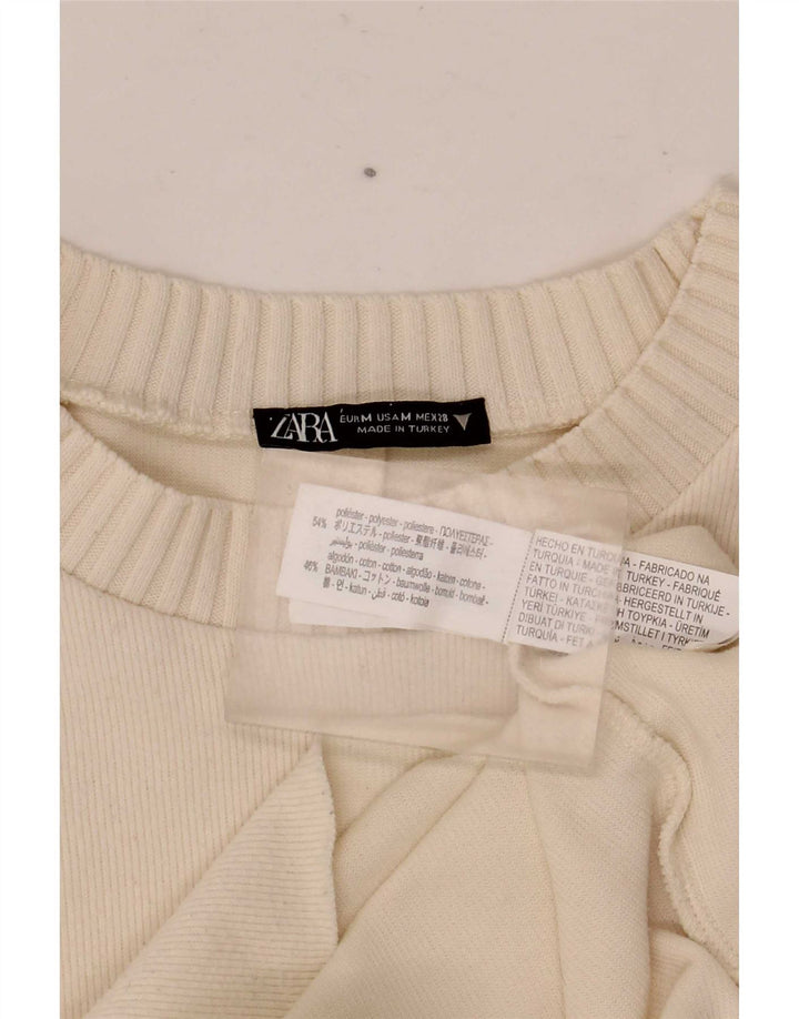 Zara - Jersey de cuello redondo para mujer, talla 40, poliéster blanco mediano