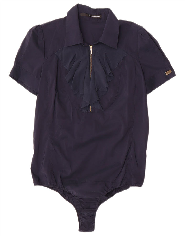 Atos Lombardini Body camisero con volantes en la parte delantera para mujer IT 46 Large Azul marino