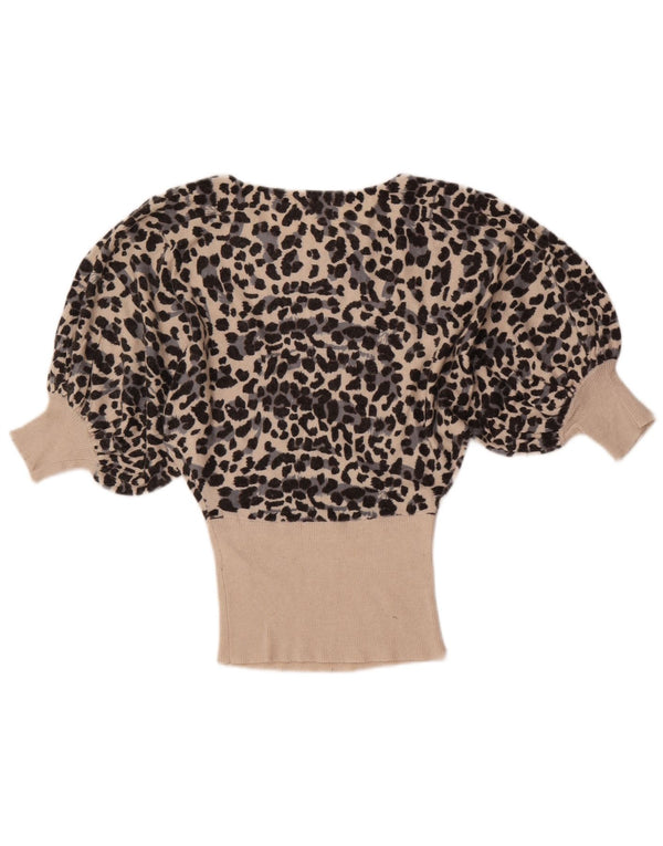 Vintage mujer 3/4 manga blusa Top Reino Unido 10 pequeño beige animal impresión viscosa