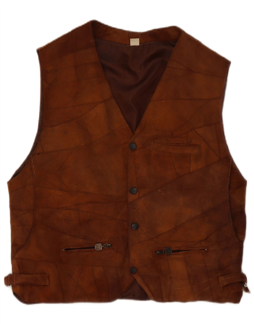 Vintage hombres ante chaleco grande marrón patchwork cuero
