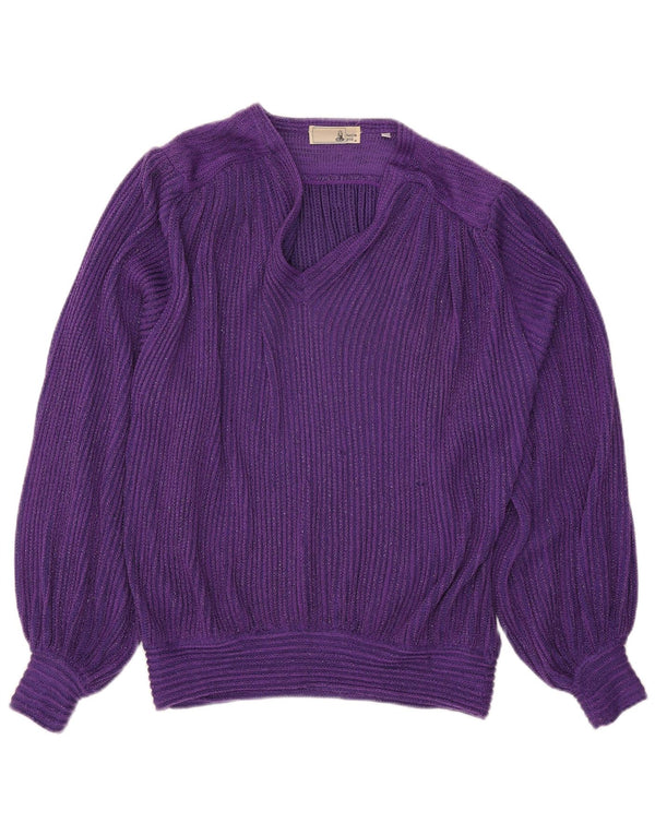 Vintage mujer V-cuello jumper suéter IT 46 grande púrpura moteado