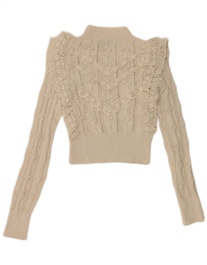 Zara Suéter tipo jersey con cuello alto y volante en la parte delantera para mujer UK 10 Small Off White