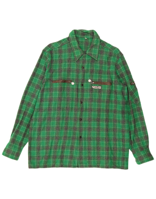 Camisa de franela vintage para hombre IT 52 Lana a cuadros verde grande