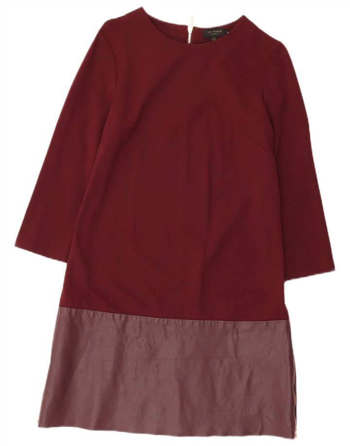 TED BAKER Womens 3/4 Sleeve Shift Dress Size 2 Small Burgundy Viscose