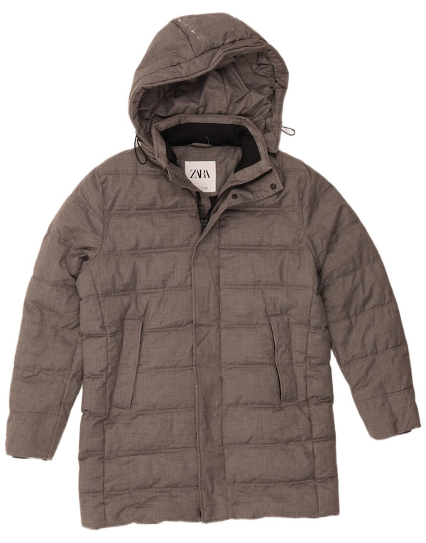 Zara Mens Hooded Padded Coat UK 36 Small Grey Polyester
