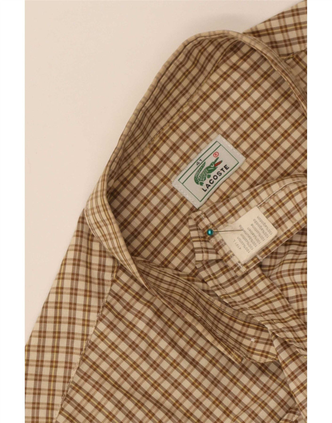 Camisa Lacoste Hombre Manga Corta Talla 41 Grande Beige Cuadros Algodón