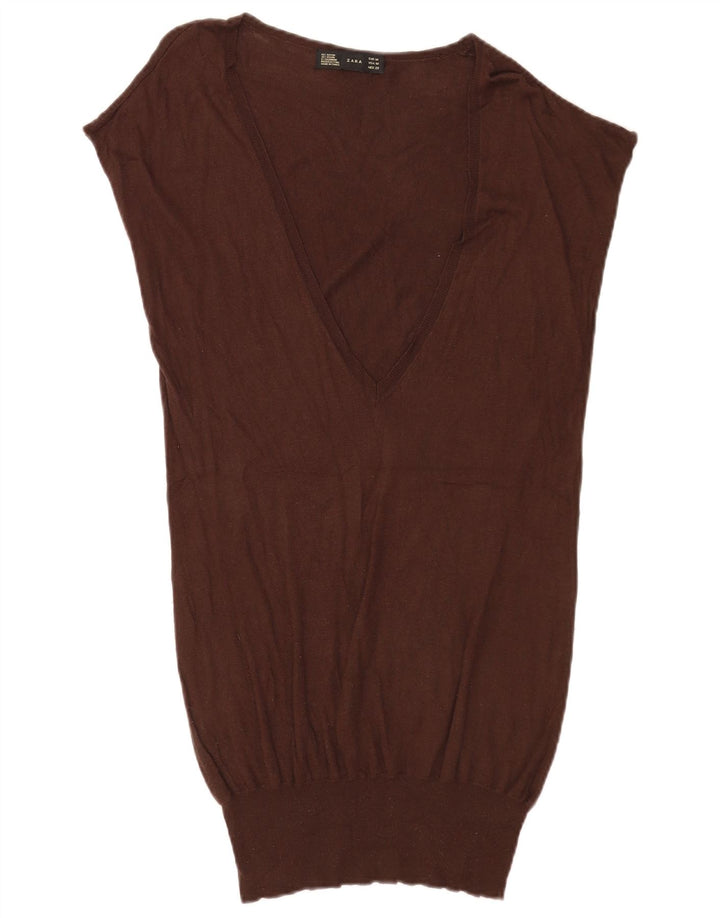 Zara Mujer Camiseta Sin Mangas Larga Rayón Marrón Medio