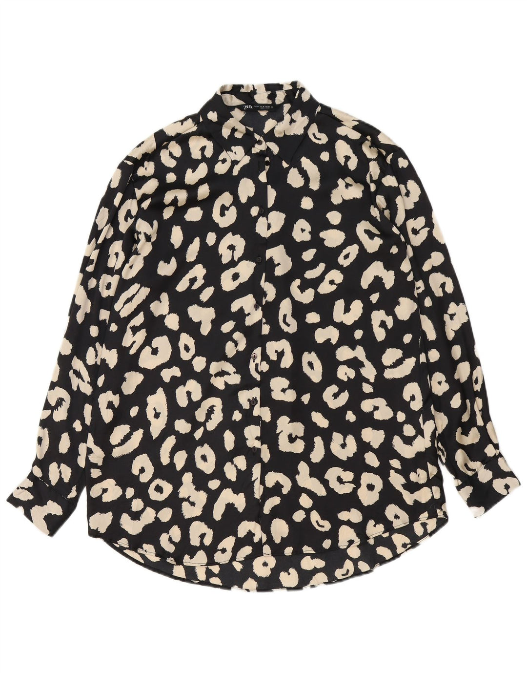 Zara Mujer Blusa Camisa UK 44 Mediano Negro Estampado Animal Poliéster