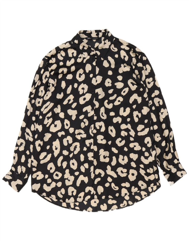 Zara Mujer Blusa Camisa UK 44 Mediano Negro Estampado Animal Poliéster