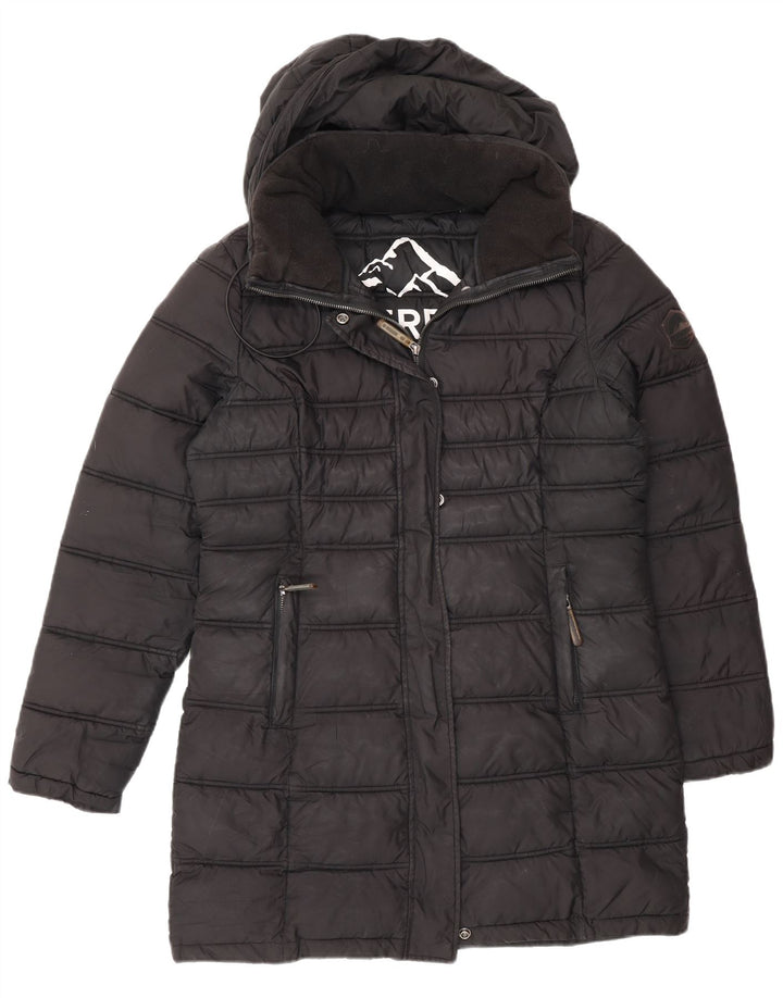 Superdry Abrigo acolchado con capucha para mujer, talla 40, poliéster negro mediano