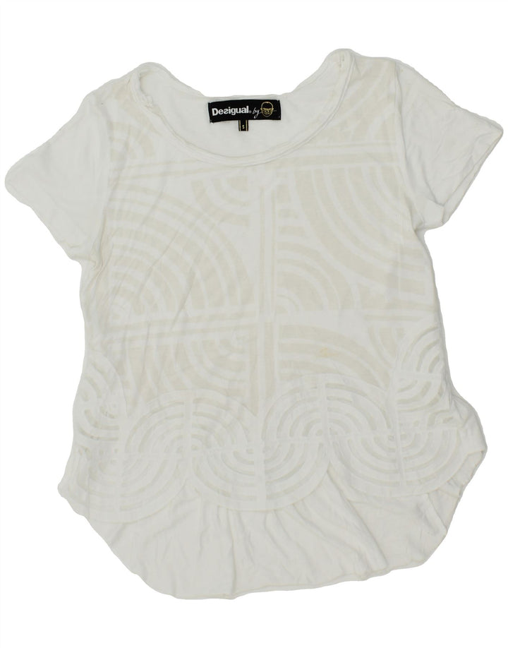 DESIGUAL Womens Abstract Pattern Asymmetric Blouse Top UK 10 Small White Vintage Desigual and Second-Hand Desigual from Messina Hembry 