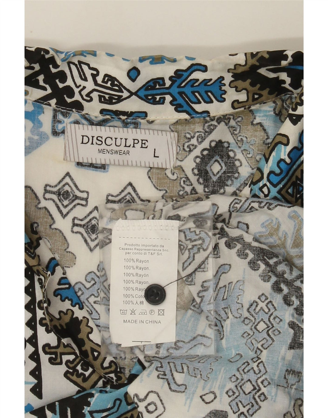 Vintage hombres camisa de manga corta grande azul Ikat Rayon