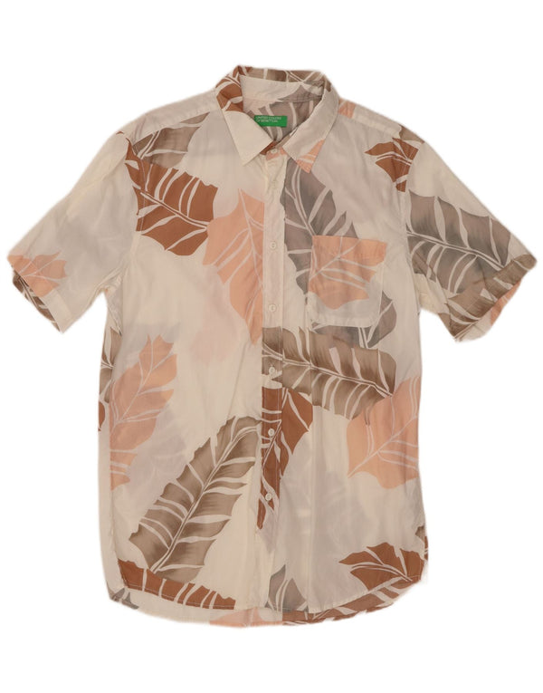 BENETTON Mens Abstract Pattern Short Sleeve Shirt Large Off White Hawaiian