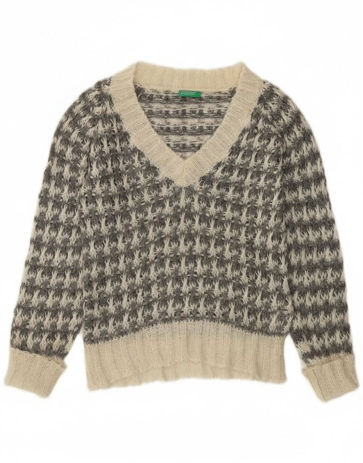 Benetton Jersey Con Cuello En V Para Mujer ES 44 Gris Medio Pata De Gallo