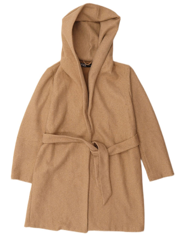 Zara Mujer Abrigo extragrande con capucha UK 10 Small Beige Poliéster